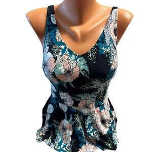 Sea Angel Women’s Floral Blue Pink Tankini Top Swimsuit Size Small Forgiving